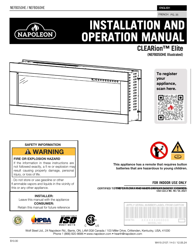 Page n°1 - Manuel utilisateur Napoleon CLEARion Elite NEFBD60HE