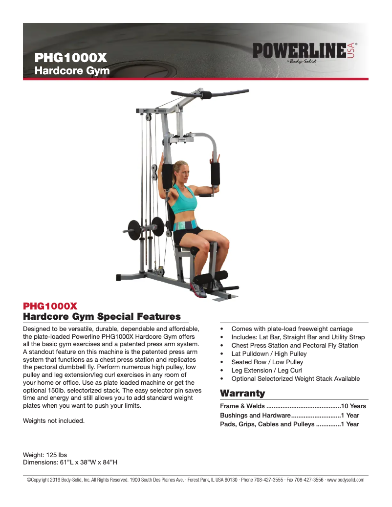 Page 1 de la notice Fiche technique Body-Solid Powerline PHG1000X