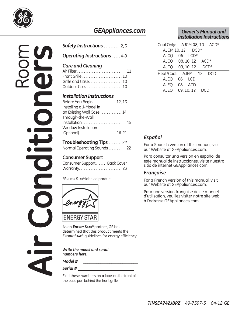 Page 1 de la notice Guide d'installation GE AJEM12DCD