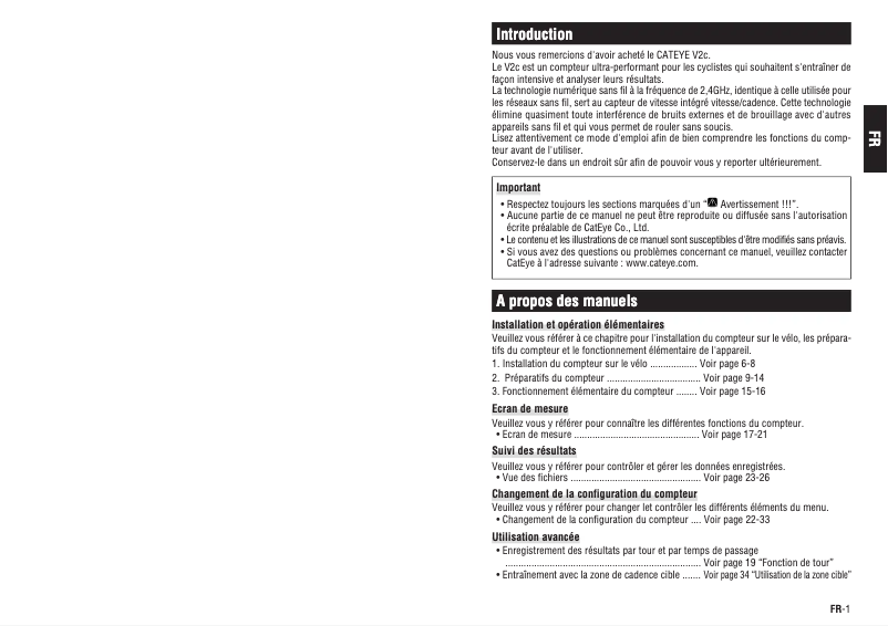 Page 1 de la notice Manuel utilisateur Cateye CC-TR200DW