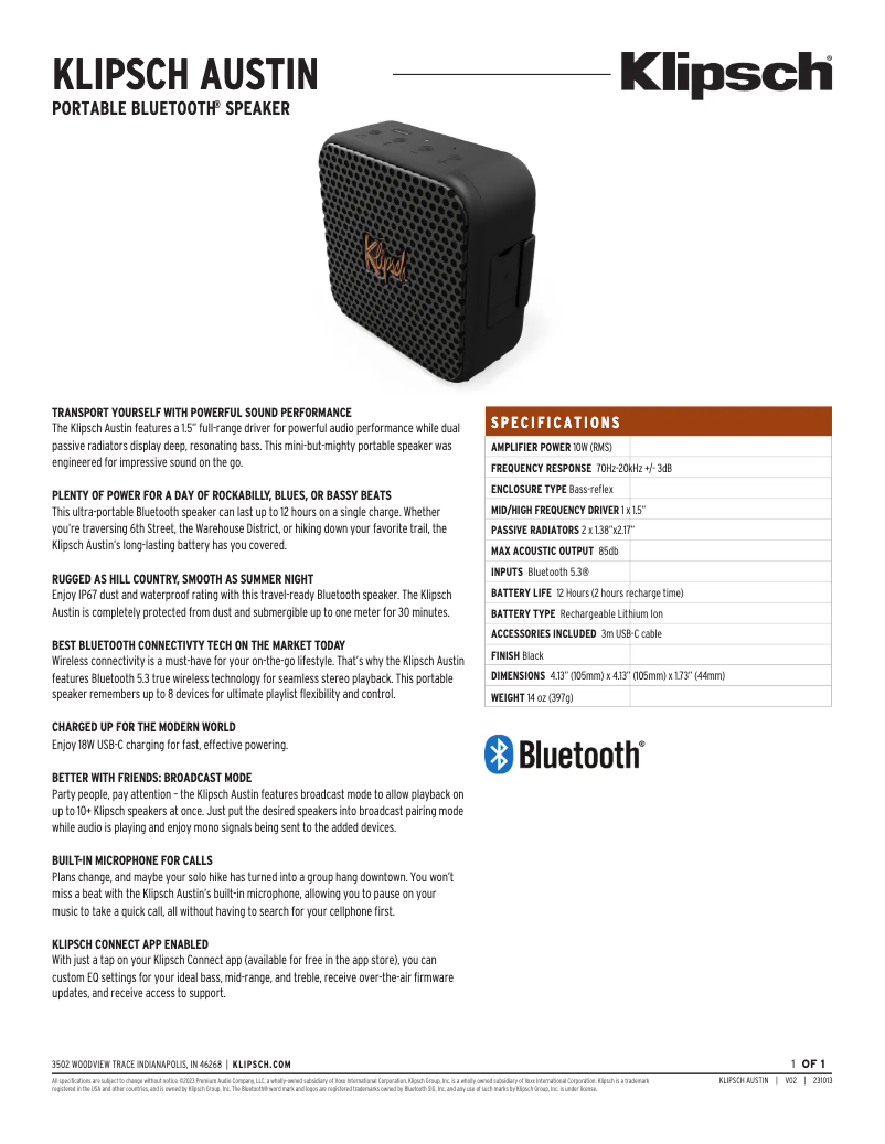 Page 1 de la notice Fiche technique Klipsch Austin
