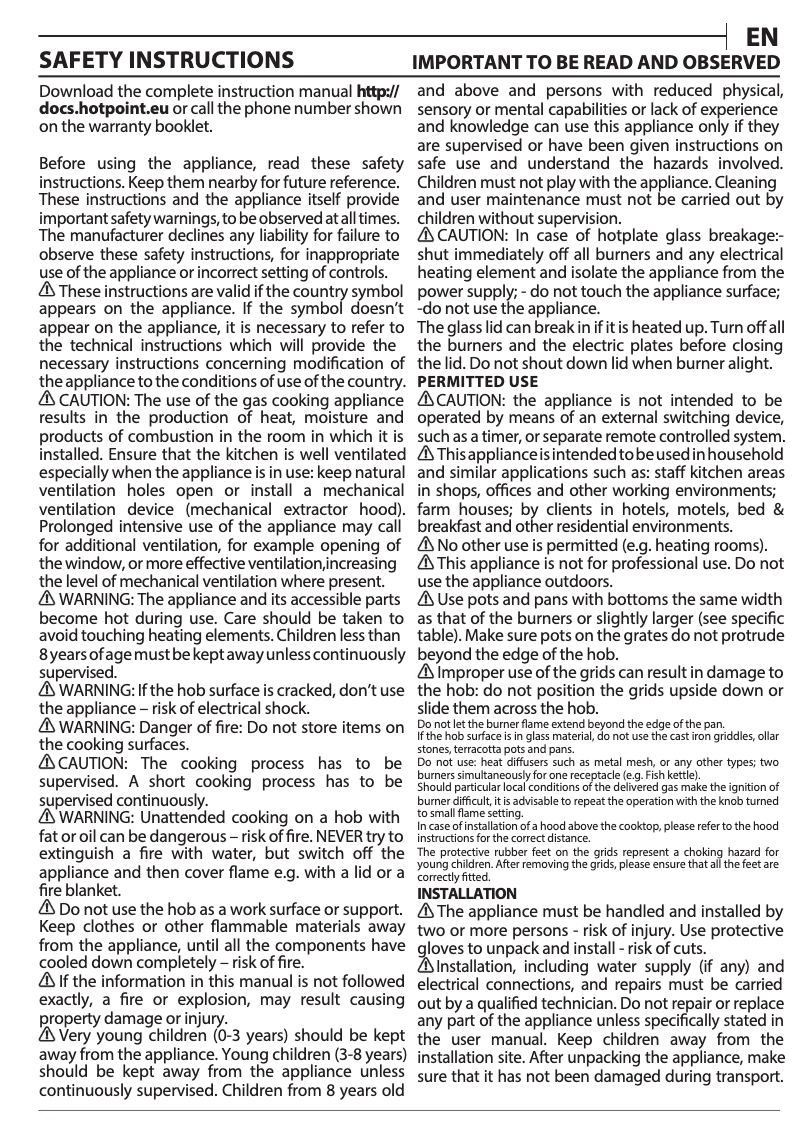 Página 1 del manual Instrucciones / montaje Hotpoint PPH 75G DF IX UK