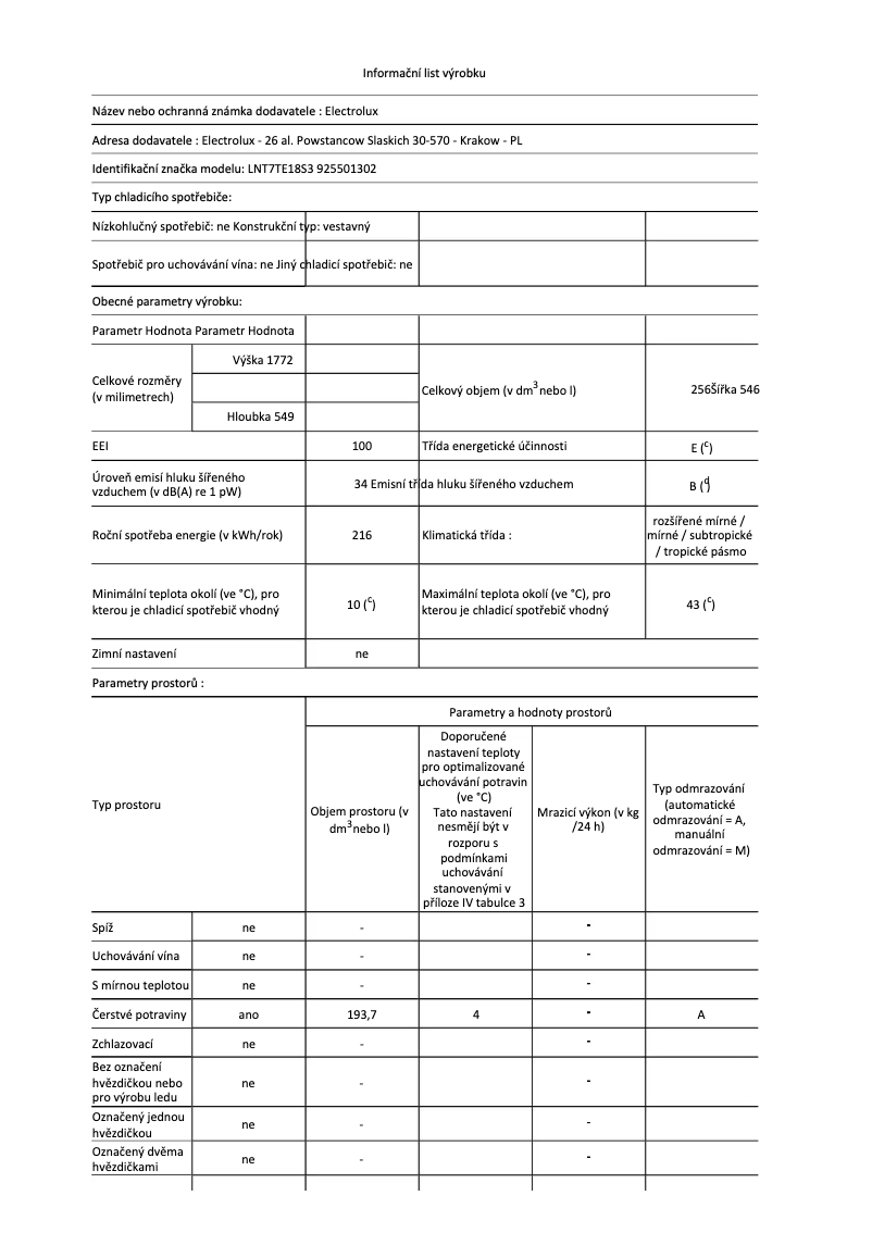 Page 1 de la notice Fiche technique Electrolux LNT7TE18S3