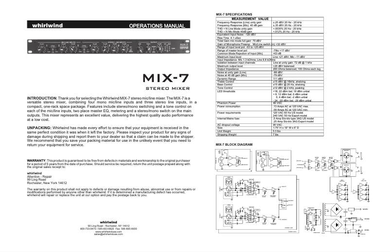 Page 1 de la notice Manuel utilisateur Whirlwind MIX-7