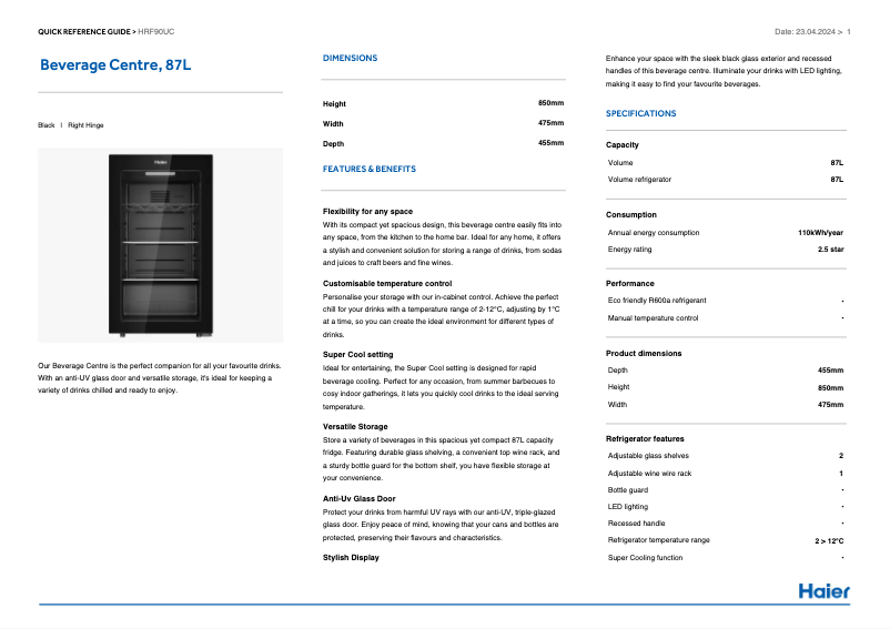Page 1 de la notice Fiche technique Haier HRF90UC