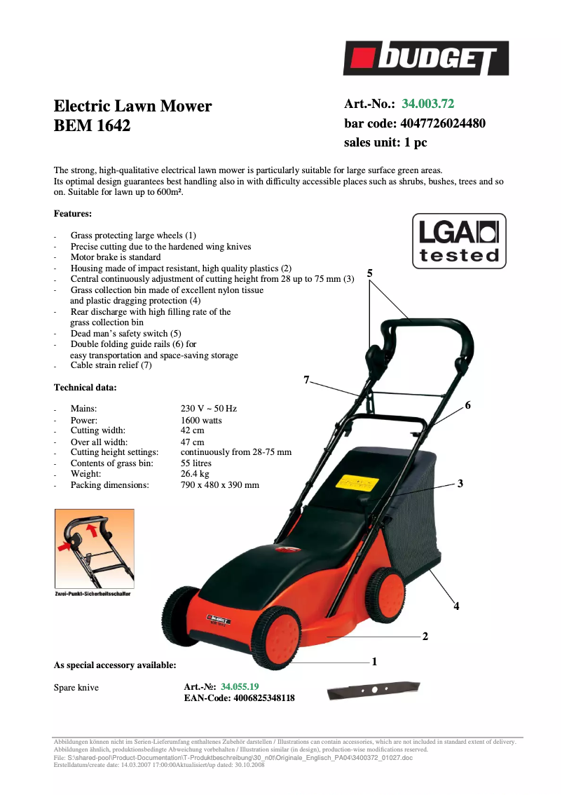 Page n°1 - Fiche technique Budget BEM 1642