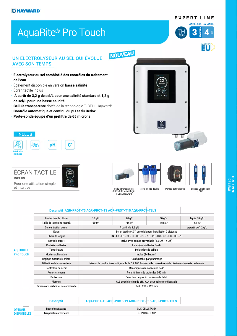 Page 1 de la notice Fiche technique Hayward AquaRite Pro