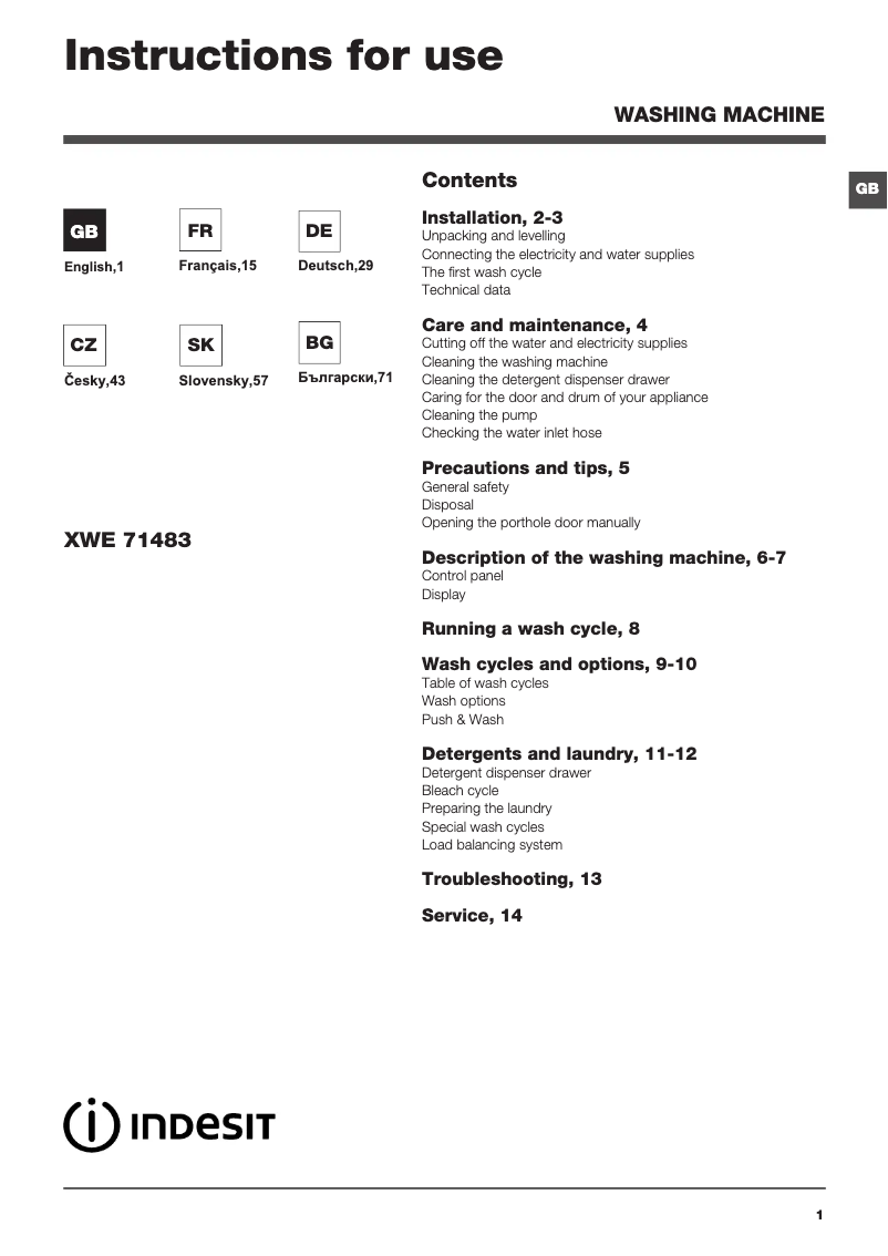Page 1 de la notice Manuel utilisateur Indesit XWE 71483X W