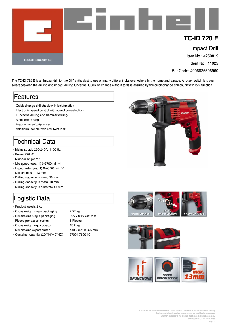 Page n°1 - Fiche technique Einhell TC-ID 720 E