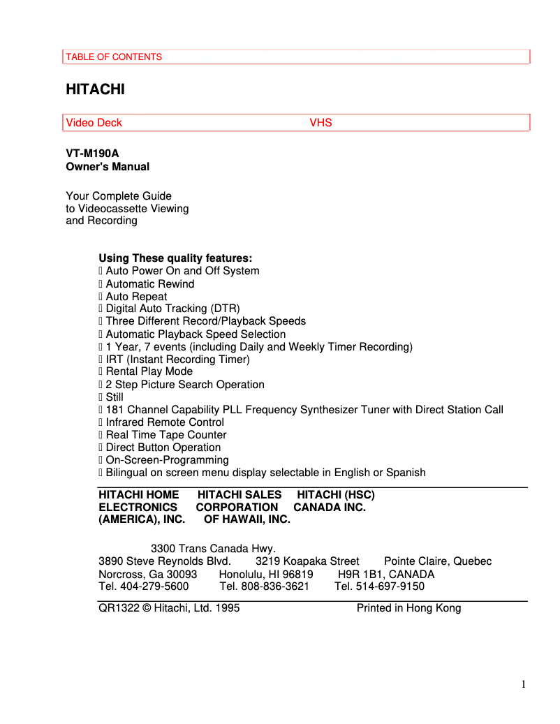 Page 1 de la notice Manuel utilisateur Hitachi VT-M190A