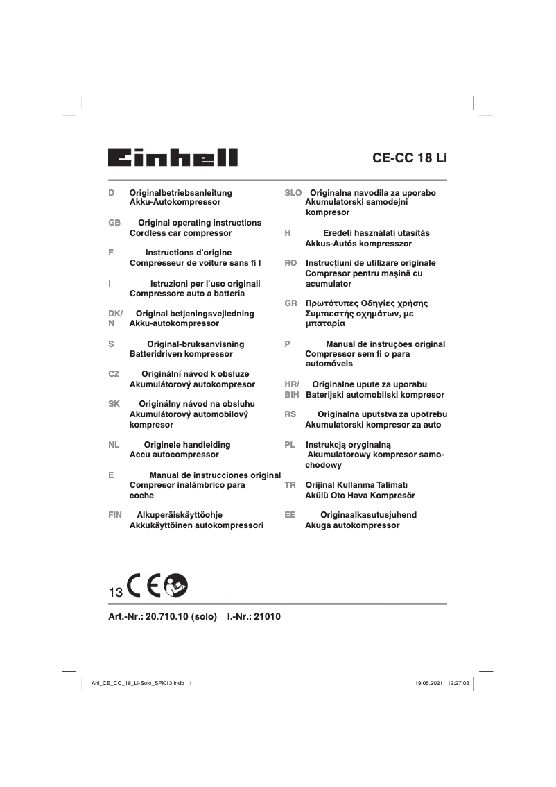 Page 1 de la notice Manuel utilisateur Einhell CE-CC 18 Li-Solo