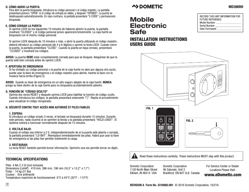 Page 1 de la notice Guide d'installation Dometic ProSafe MD 390