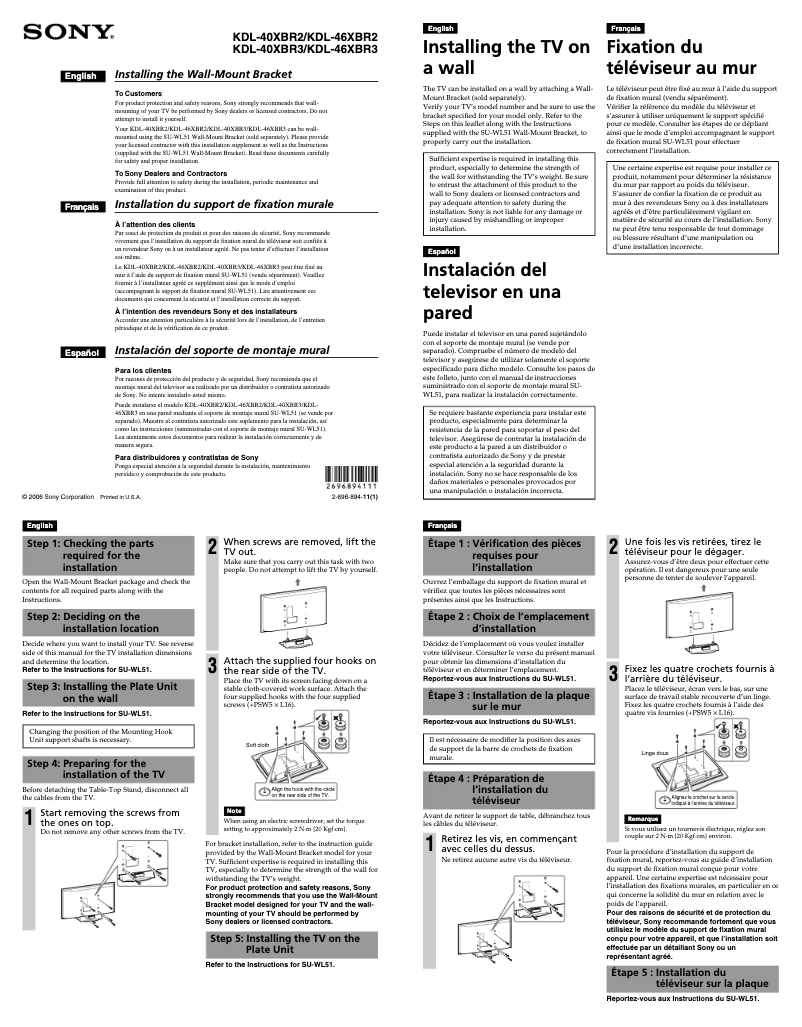 Page n°1 - Guide d'installation Sony Bravia KDL-40XBR3