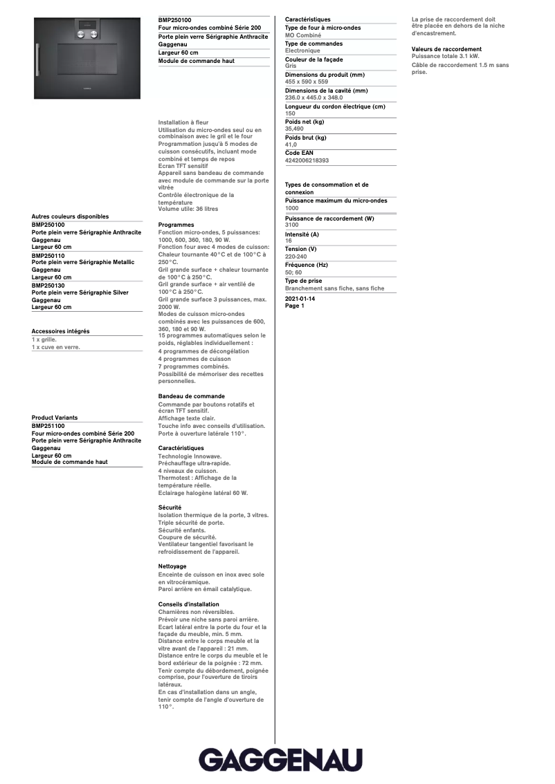 Page 1 de la notice Fiche technique Gaggenau BMP250100