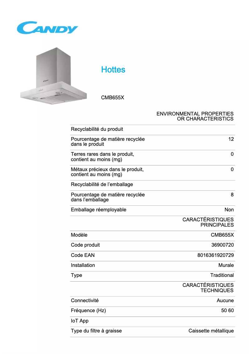 Page 1 de la notice Fiche technique Candy CMB655X