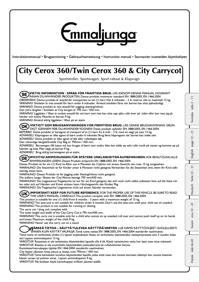 Page 1 de la notice Manuel utilisateur Emmaljunga City Cerox 360