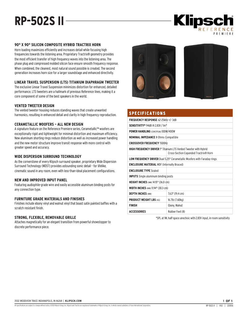 Page 1 de la notice Fiche technique Klipsch Reference Premiere RP-502S II