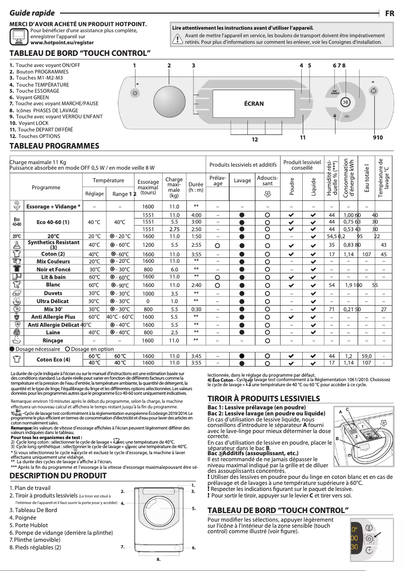 Page 1 de la notice Manuel utilisateur Hotpoint AQ116D68SDEN