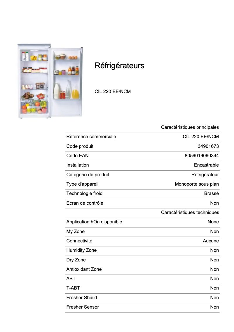 Page 1 de la notice Fiche technique Candy CIL 220 EE/NCM