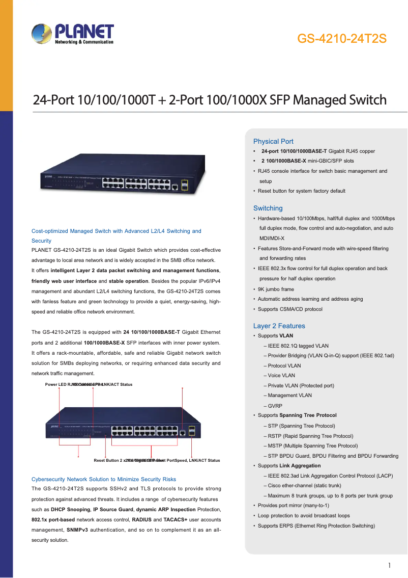 Page 1 de la notice Fiche technique Planet GS-4210-24T2S