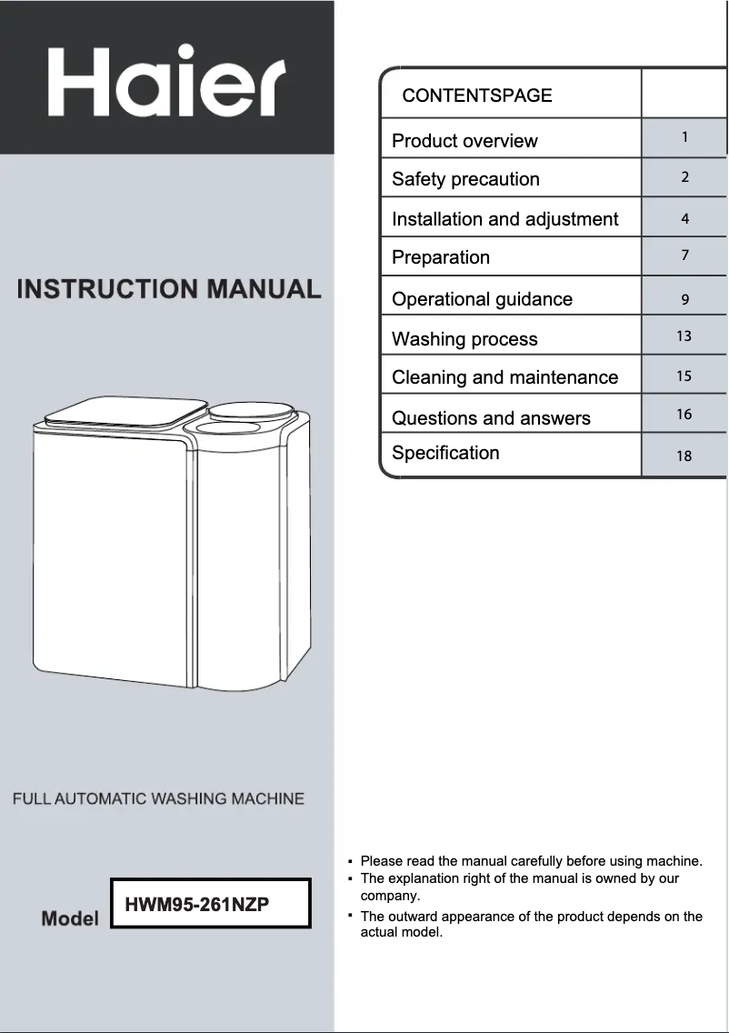 Image de la première page du manuel de l'appareil HWM95-261NZP