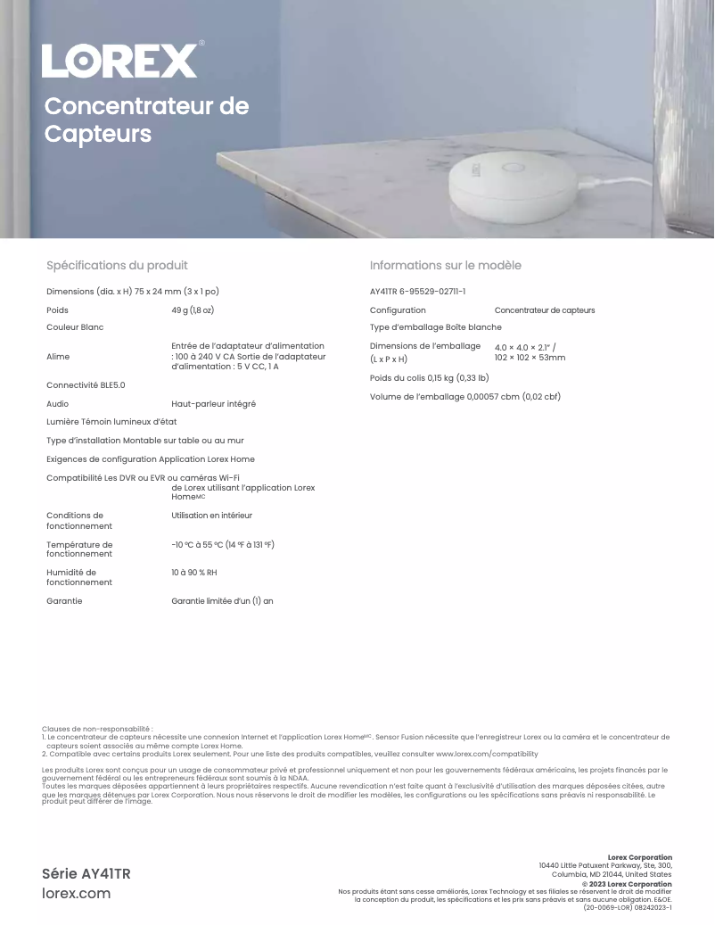 Página 1 del manual Ficha técnica Lorex AY41TR