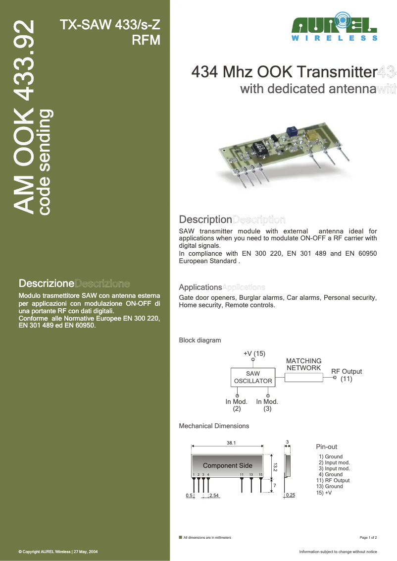 Page 1 de la notice Fiche technique Aurel TXSAW433