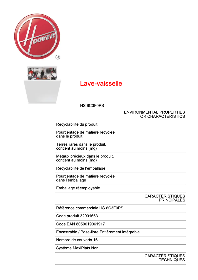 Page 1 de la notice Fiche technique Hoover H-DISH 500 HDIN 4D620PB