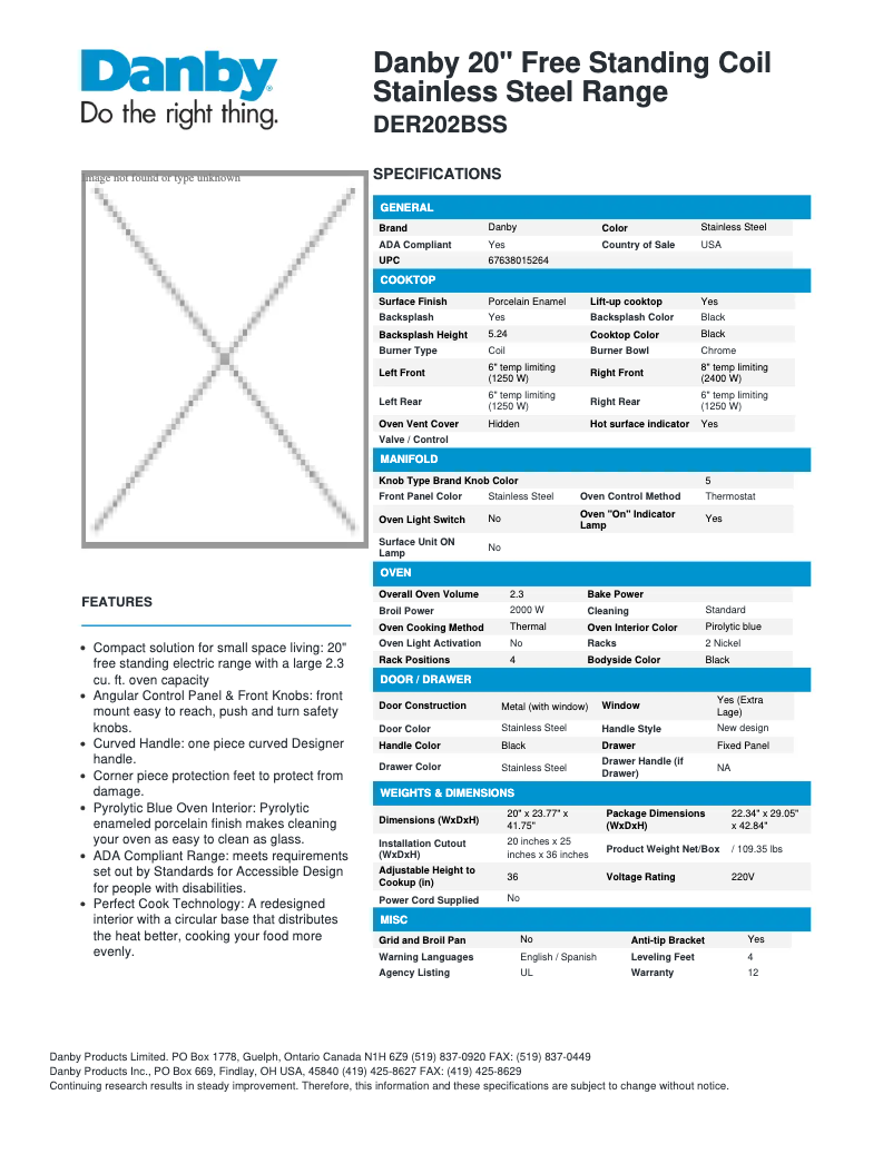 Page 1 de la notice Fiche technique Danby DER202BSS
