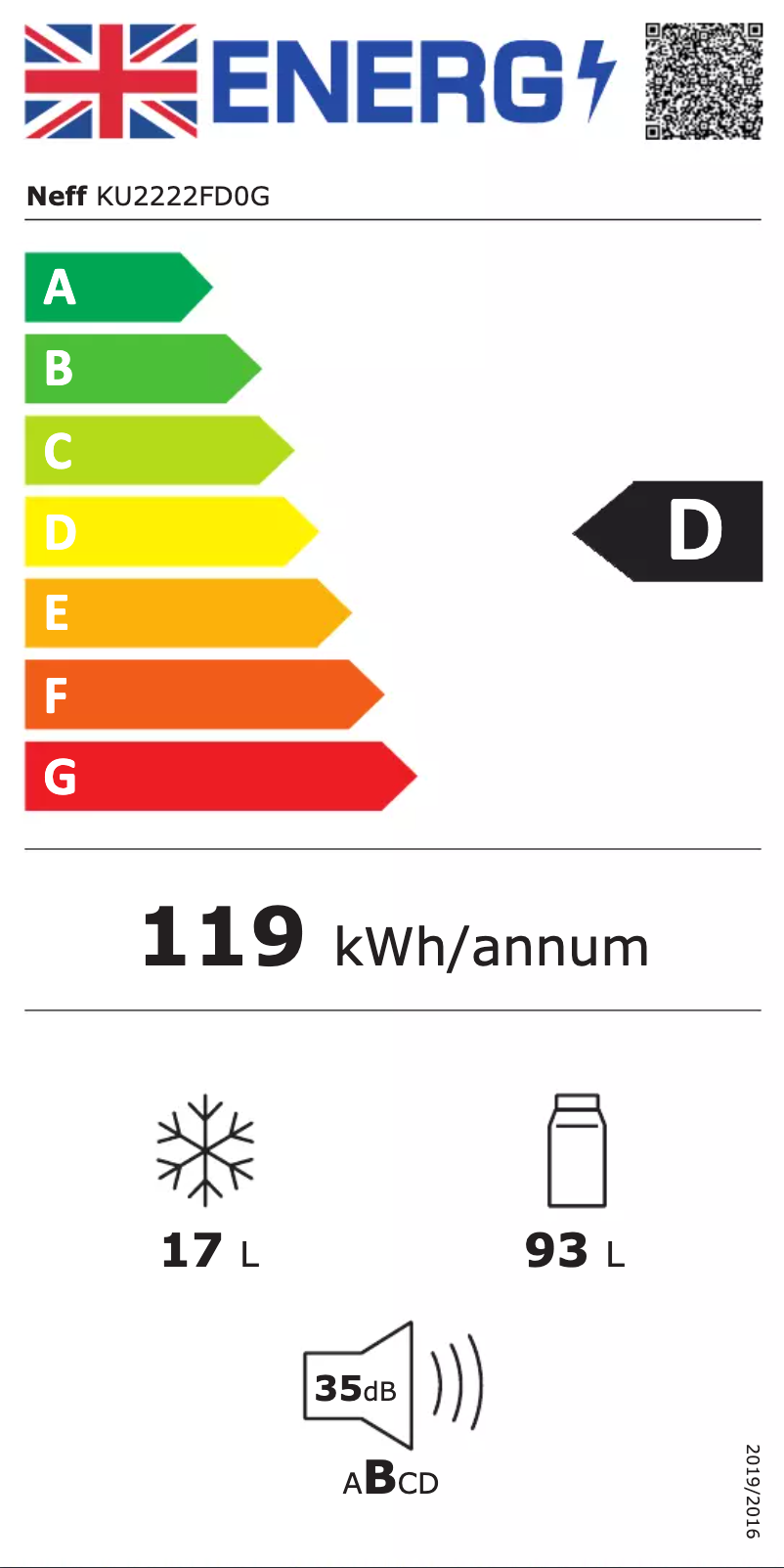 Page 1 de la notice Label énergétique Neff KU2222FD0G