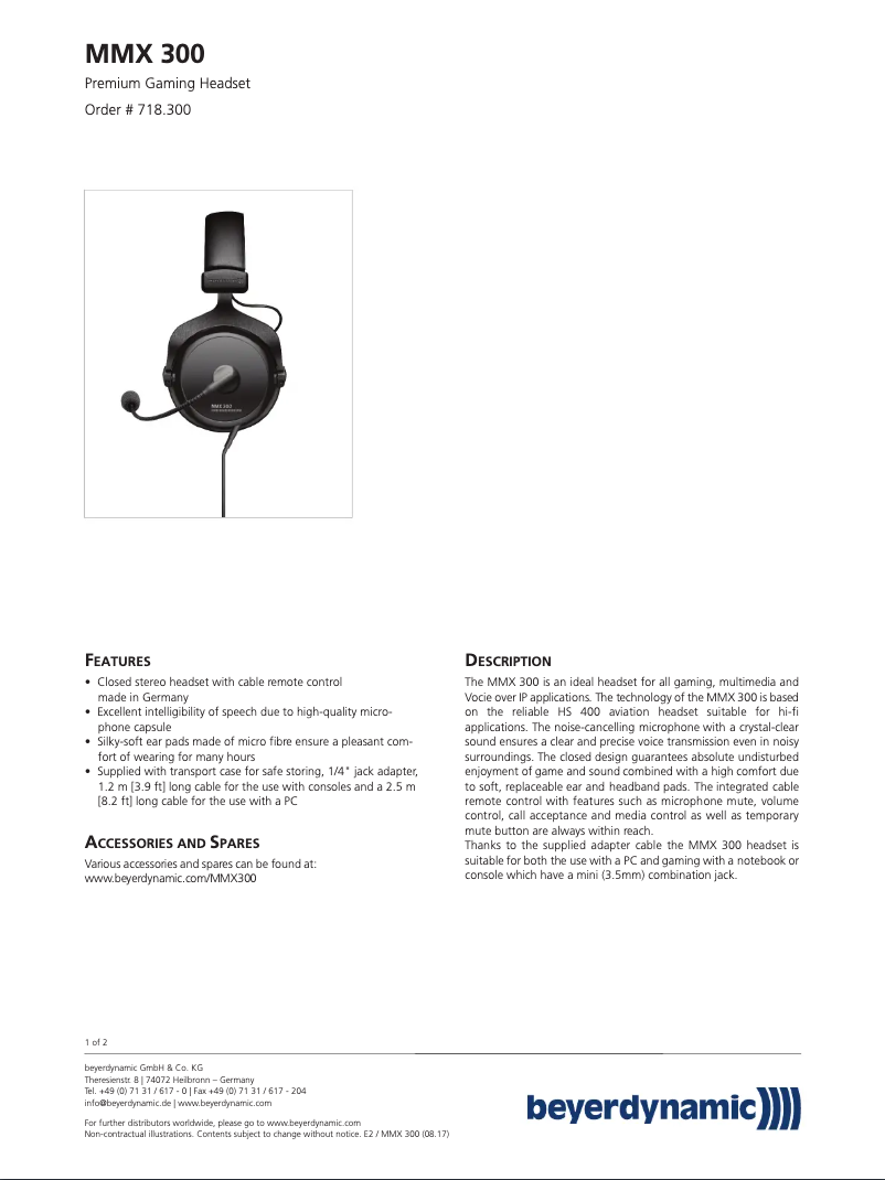 Page 1 de la notice Fiche technique Beyerdynamic MMX 300