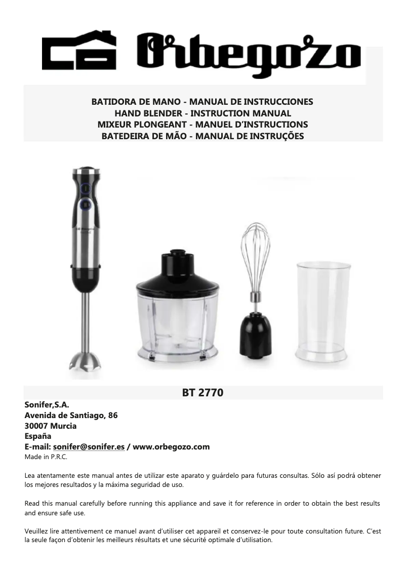 Page n°1 - Manuel utilisateur Orbegozo BT 2770