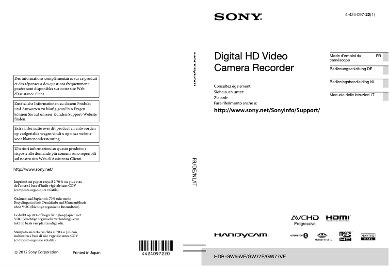 Page 1 de la notice Manuel utilisateur Sony HDR-GW77VE