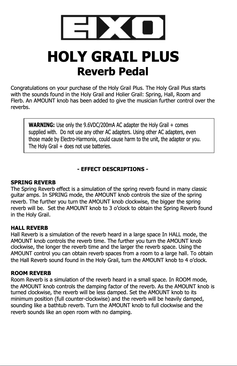 Image de la première page du manuel de l'appareil HOLY GRAIL PLUS