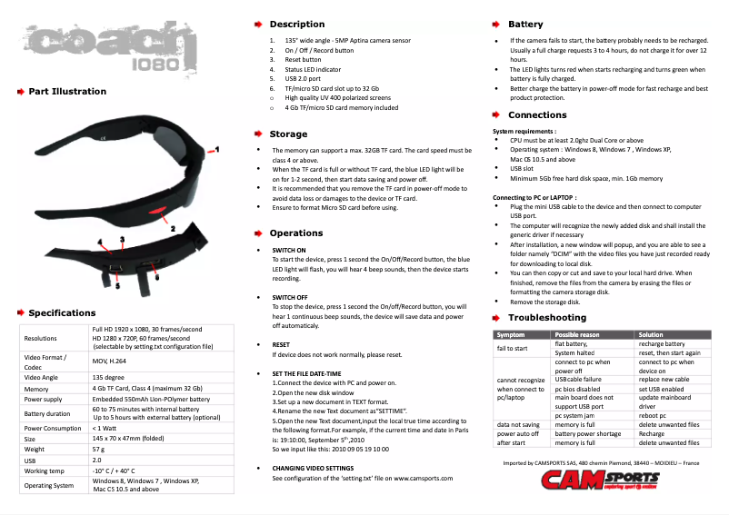 Page n°1 - Manuel utilisateur CAMSPORTS COACH HD 1080