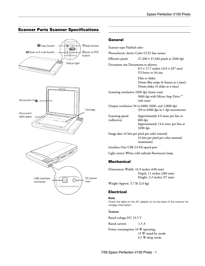 Página 1 del manual Ficha técnica Epson Perfection V100 Photo