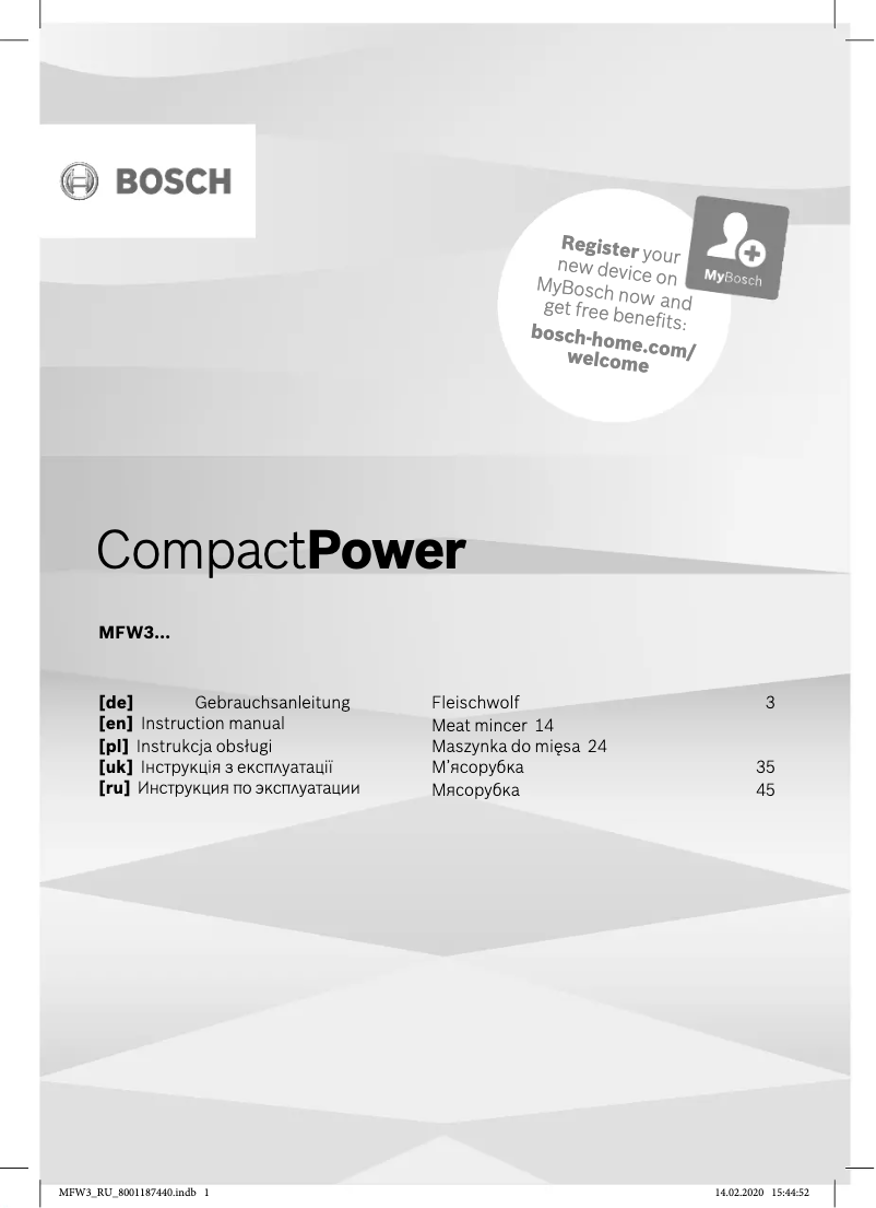 Page 1 de la notice Manuel utilisateur Bosch MFW3540W