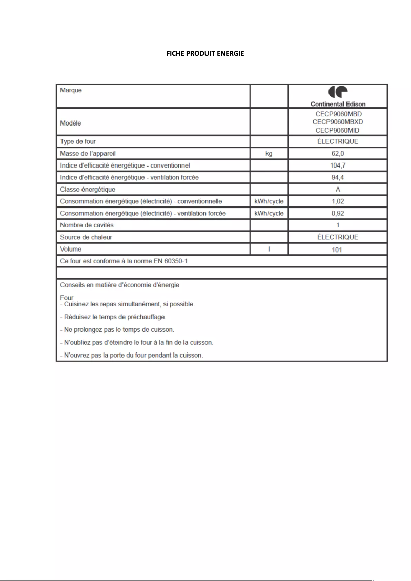 Page n°1 - Label énergétique Continental Edison CECP9060MBD