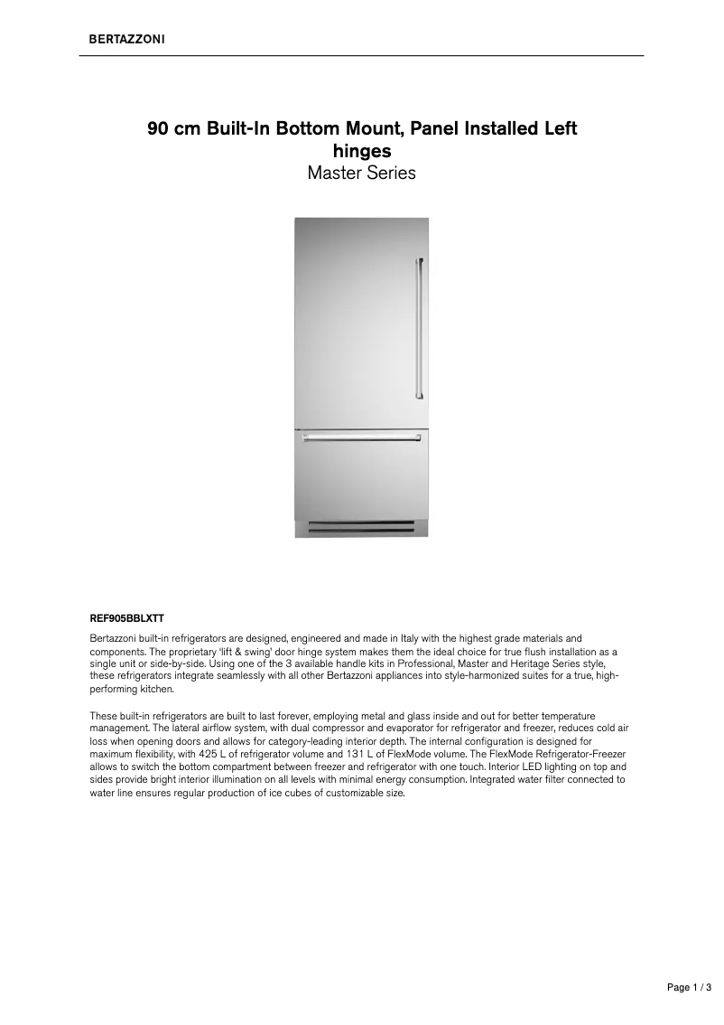 Page 1 de la notice Fiche technique Bertazzoni REF905BBLXTT