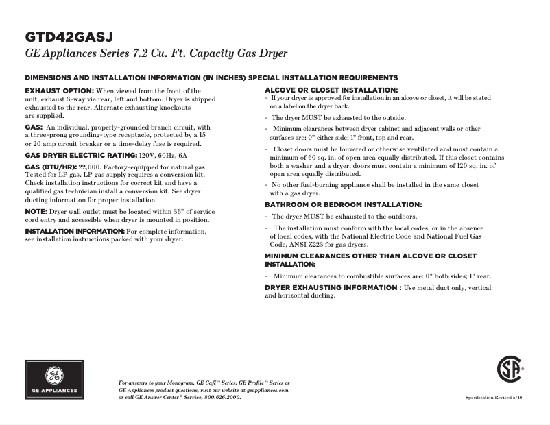 Page 1 de la notice Fiche technique GE GTD42GASJWW