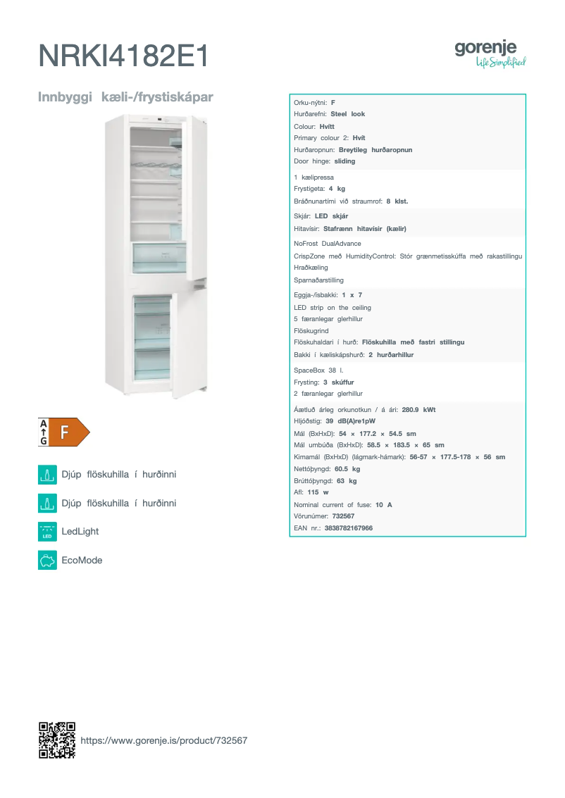 Page n°1 - Fiche technique Gorenje NRKI4182E1