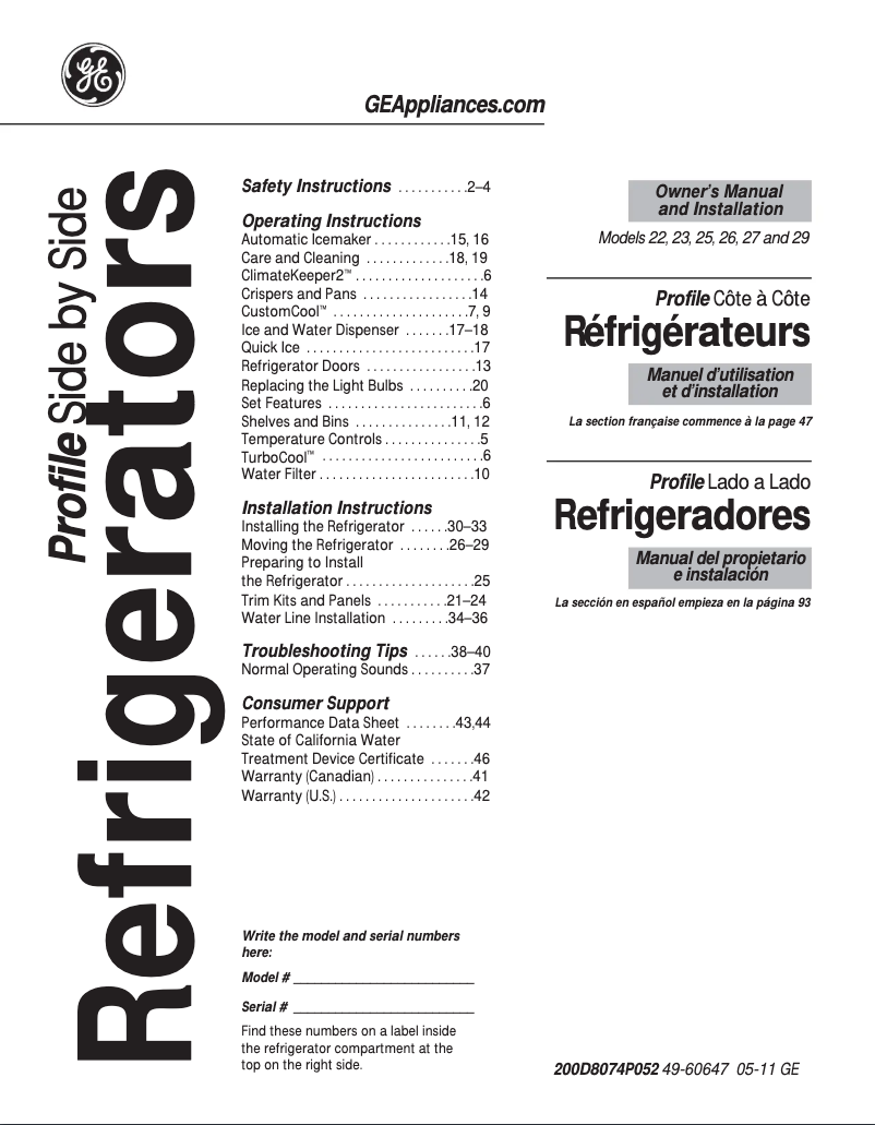 Página 1 del manual Manual de uso y mantenimiento GE Profile PSDF5RGXWW
