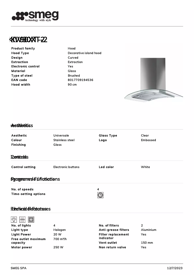 Page 1 de la notice Fiche technique Smeg KIV90XT-2