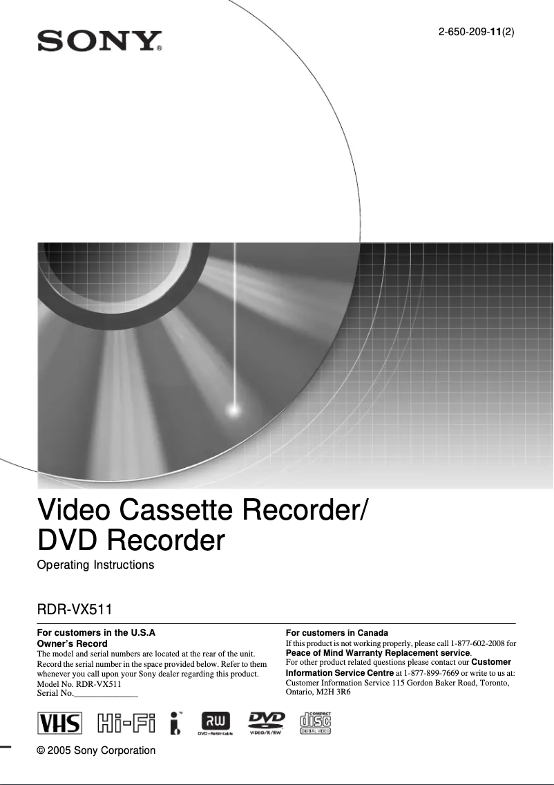 Page n°1 - Manuel utilisateur Sony RDR-VX511