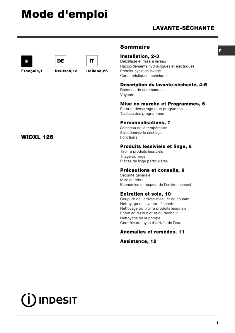 Page n°1 - Manuel utilisateur Indesit WIDXL 126 (CH)