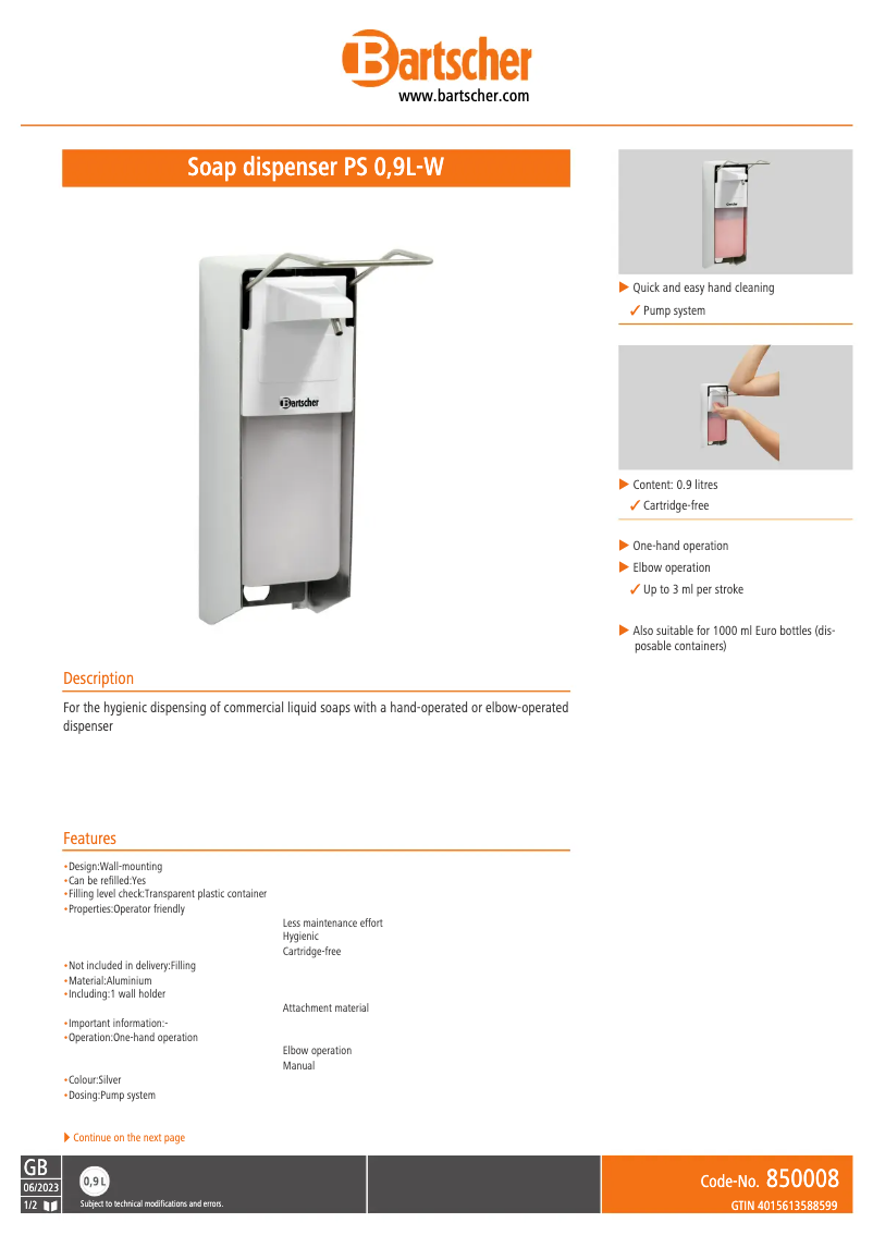 Page n°1 - Fiche technique Bartscher 850008