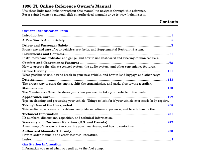Page 1 de la notice Manuel utilisateur Acura TL (1996)