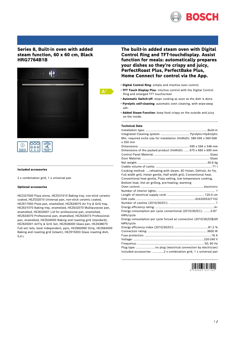 Page 1 de la notice Fiche technique Bosch HRG7764B1B