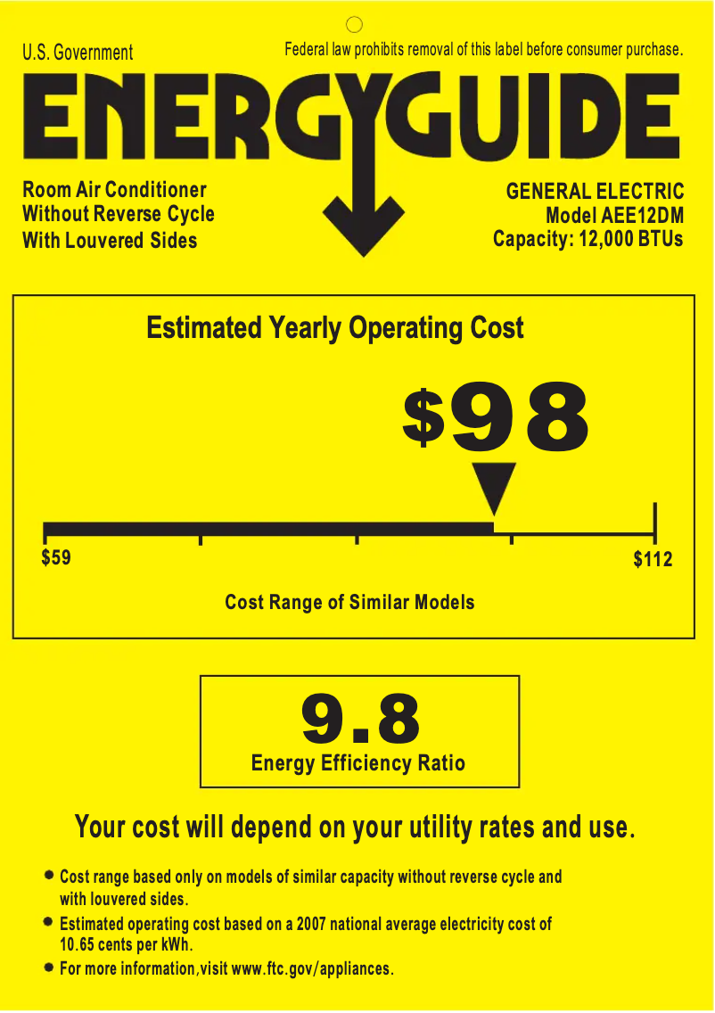 Page 1 de la notice Label énergétique GE AEE12DM
