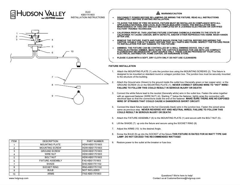 Page n°1 - Manuel utilisateur Hudson Valley Duo KBS1751803-AOB